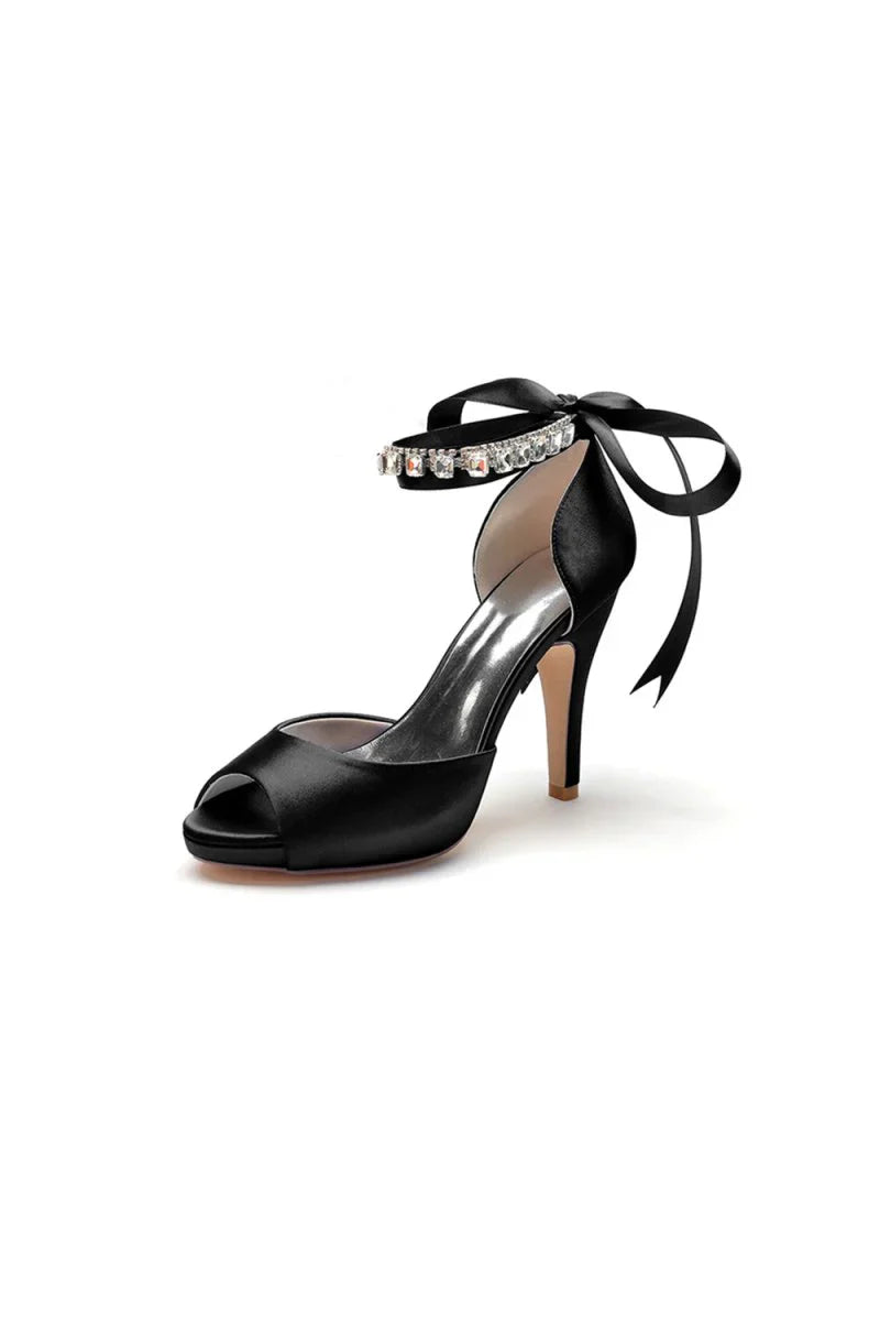 Peep Toe Stiletto Heels with Ankle Rhinestone Strap