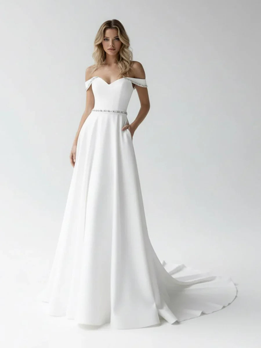 A Line Off the Shoulder Beaded Wedding Dress