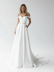 A Line Off the Shoulder Beaded Wedding Dress