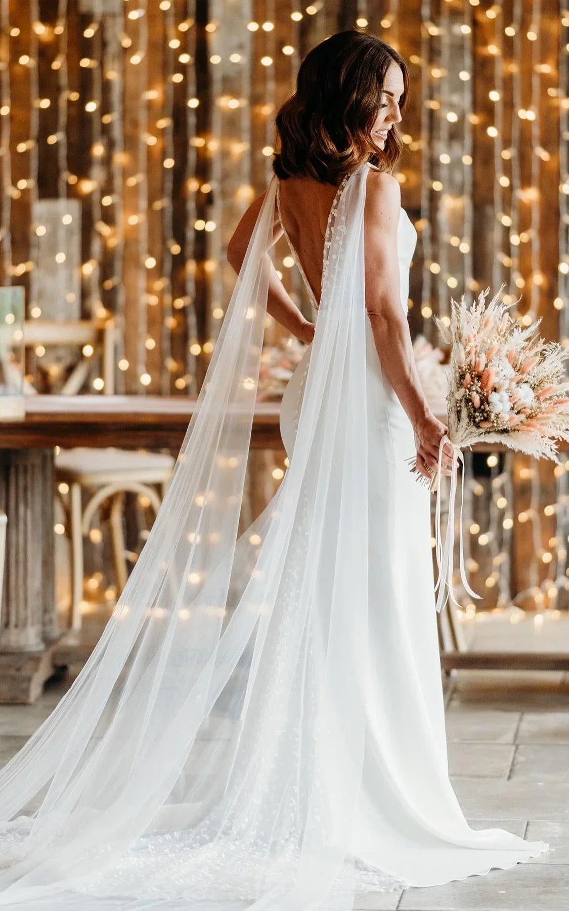 Simple Casual Trumpet V neck Sleeveless Wedding Dress for Women Floor length with V Back Long Train