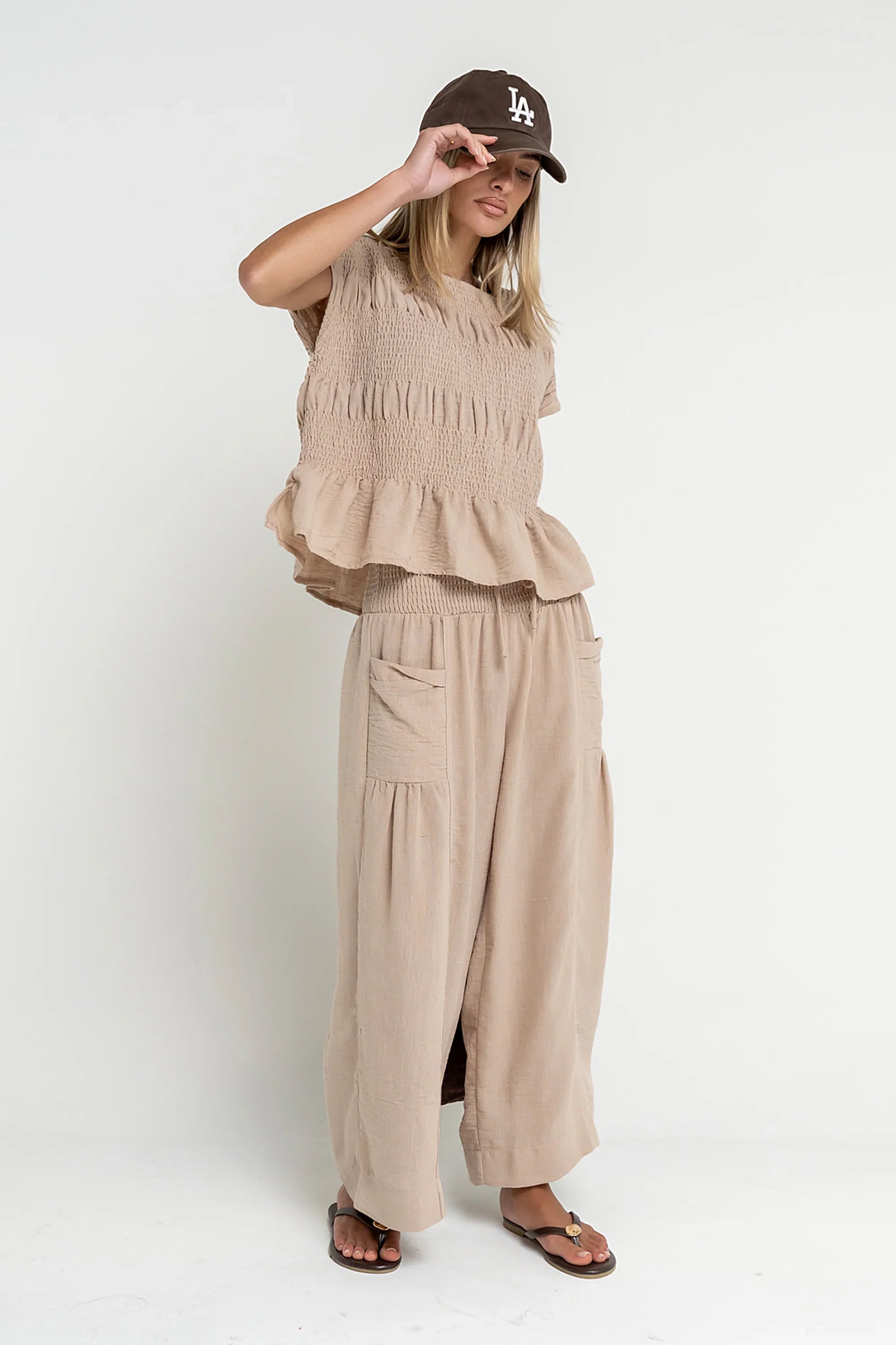 Ashton Smocked Top in Taupe
