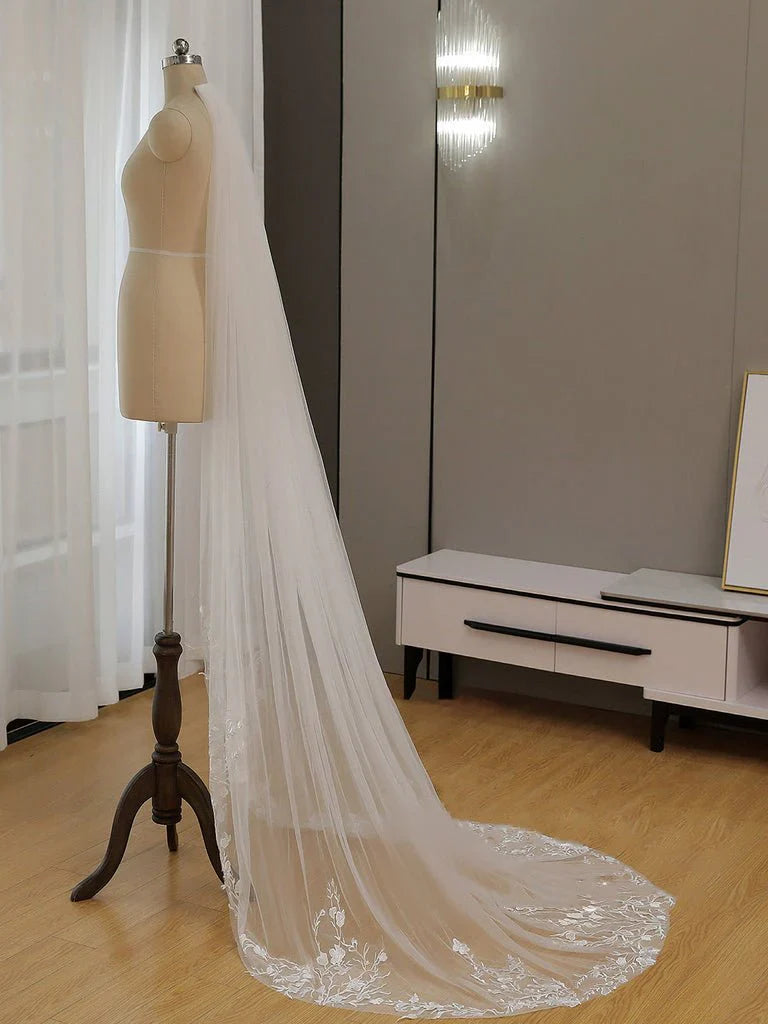 Simple Floral Lace Chapel Train Veil Bridal Veil Wedding Veil