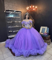 Ball Gown Organza Off the Shoulder Purple Quinceanera Dress