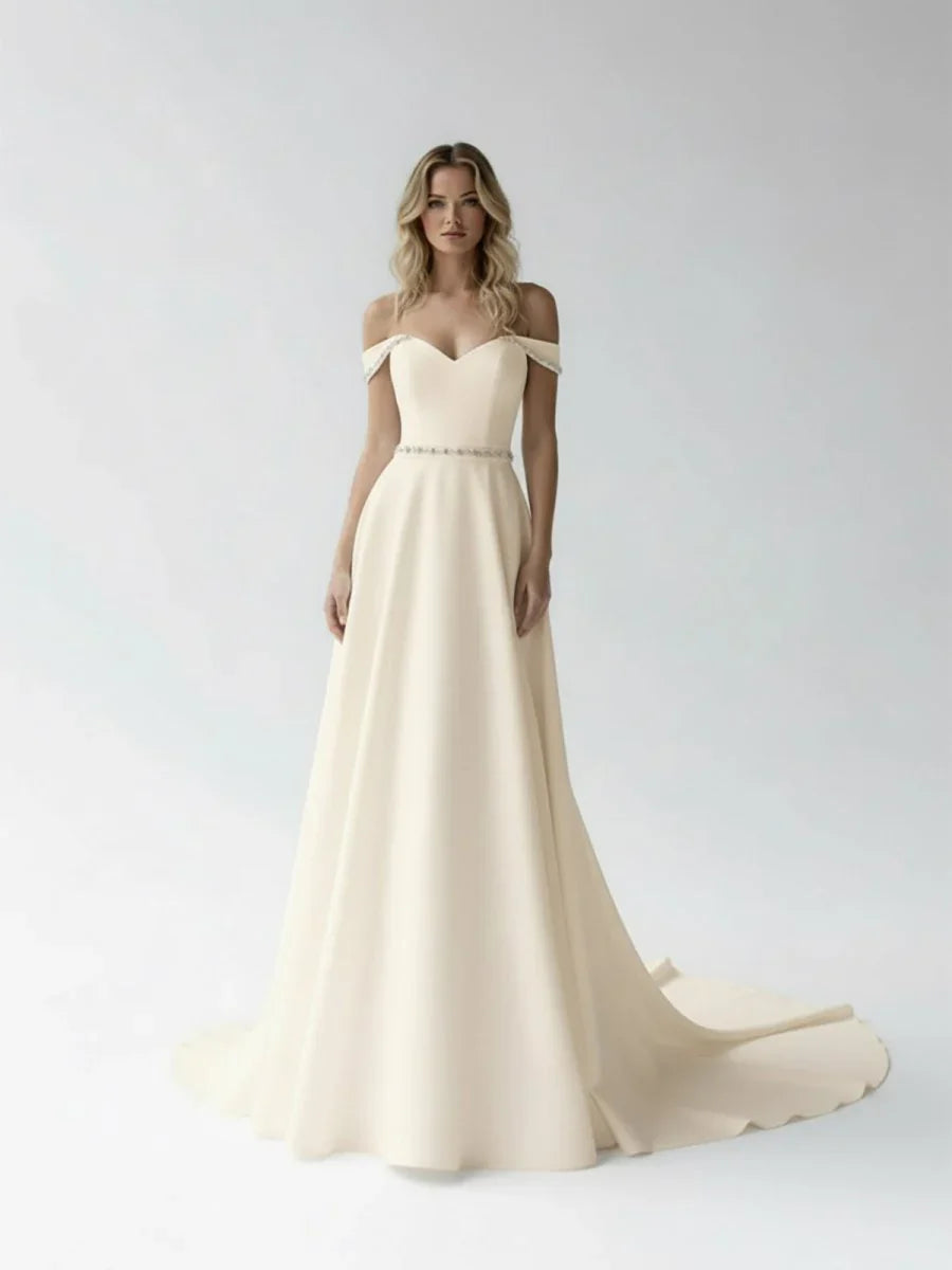 A Line Off the Shoulder Beaded Wedding Dress