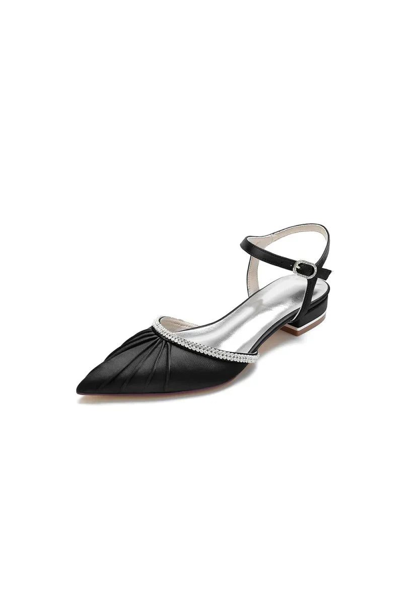 Satin Pointed Toe Beaded Buckle Kitten Heels