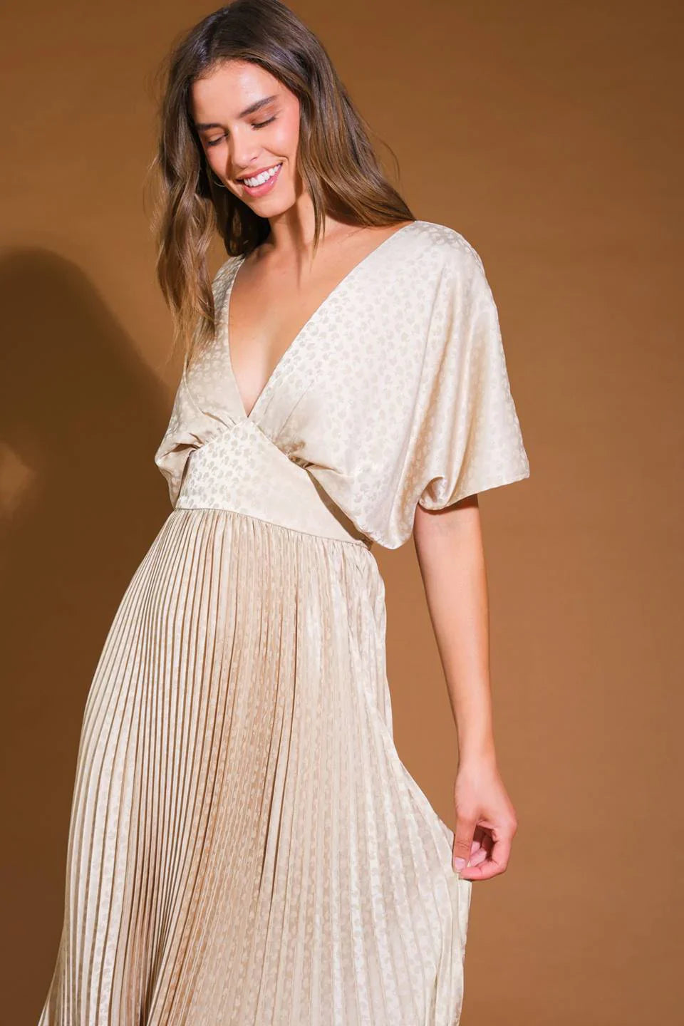 TIMELESS REPEAT PLEATED SATIN MIDI DRESS