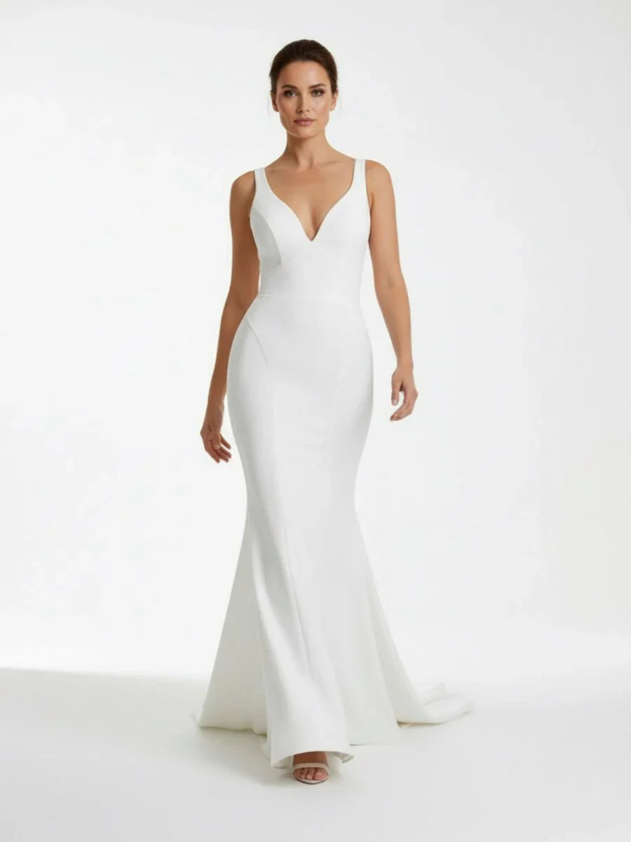 Ivory Plunge V Open Back Mermaid Long Wedding Dress