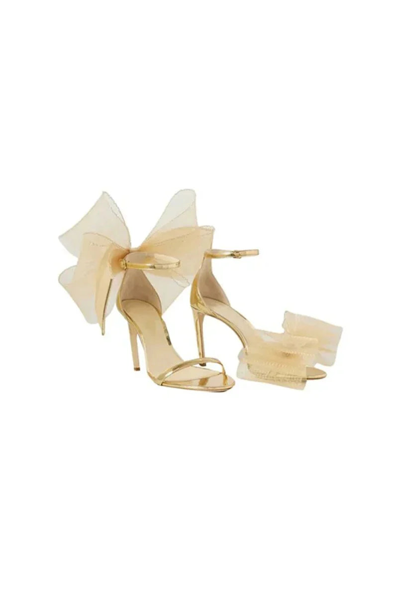 Asymmetric Bow Embellished Satin High Heel Sandals