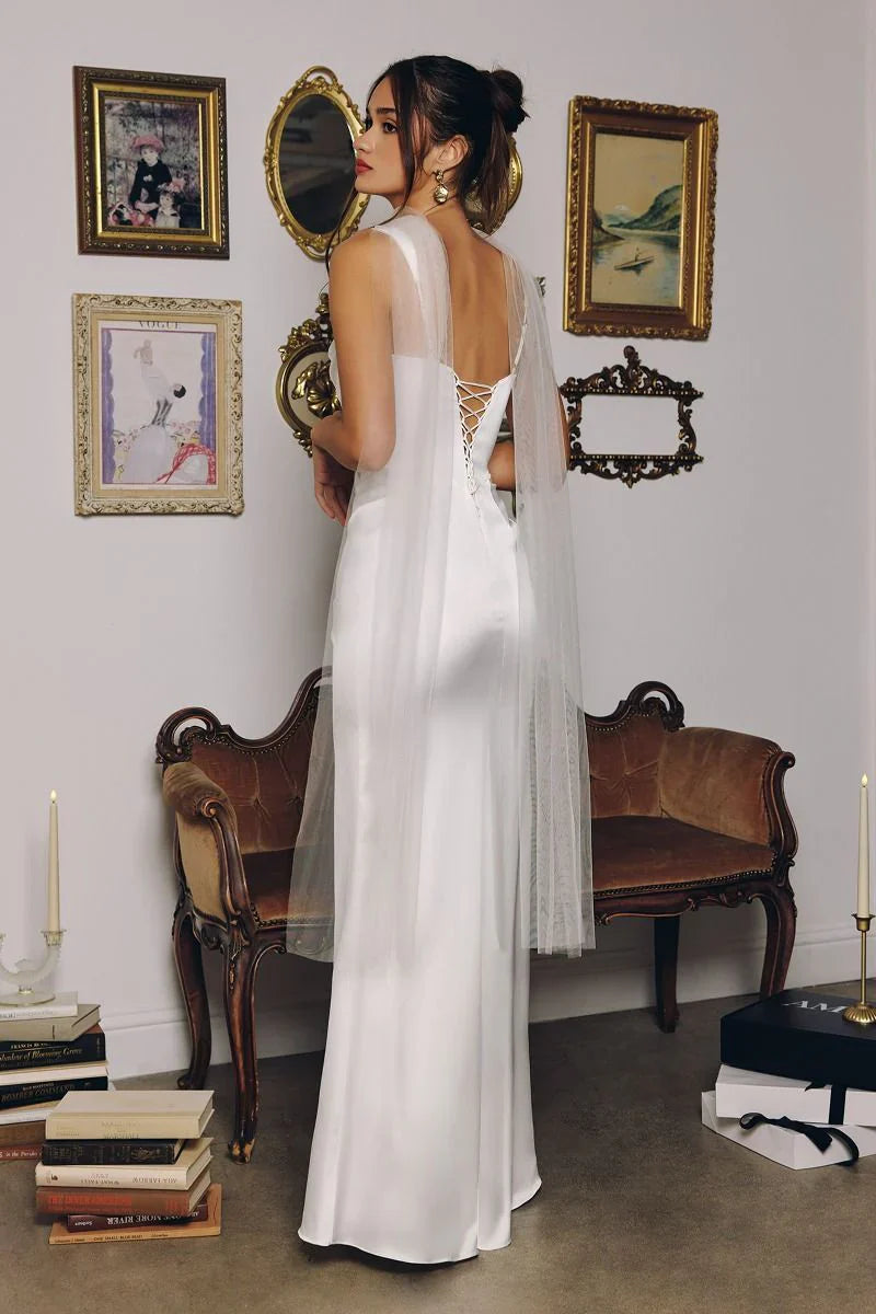 Toby Maxi Off White Satin Dress with Lace Up Back Scarf