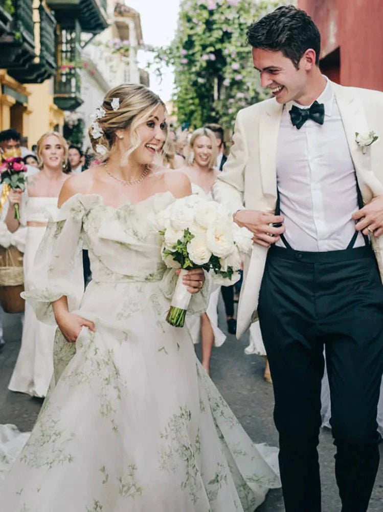 A Line Floral Appliqued Majesty Bridal Wedding Dress with Ruffles
