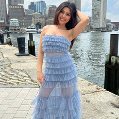 Georgia Maxi Dress Smoky Blue Ruffle Tulle Dress With Sheer Detail