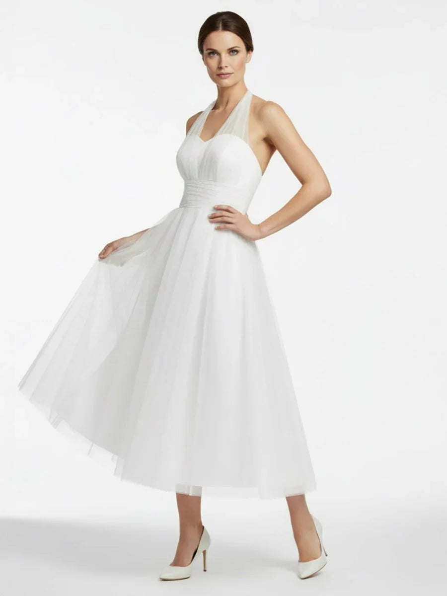 Halter A Line Tea Length Tulle Wedding Dress With Ruching