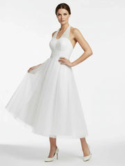 Halter A Line Tea Length Tulle Wedding Dress With Ruching