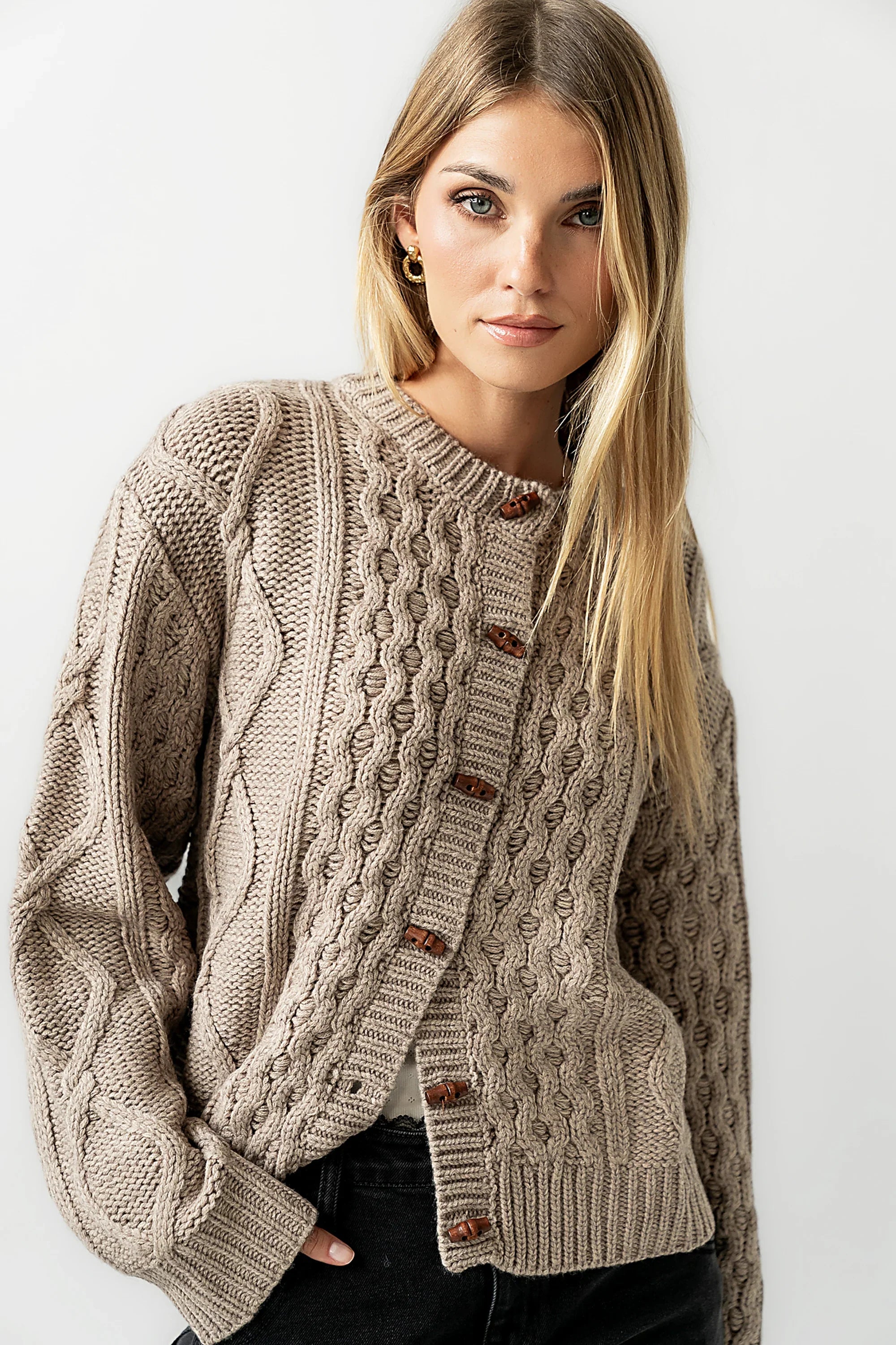 Noah Cable Knit Cardigan in Taupe FINAL SALE