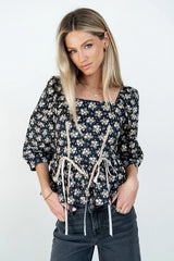 Jerzey Floral Peplum Blouse in Black FINAL SALE