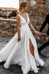 Attractive Deep V Neck White Satin Bohemian Wedding Dress