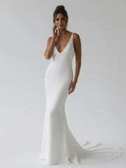 Elegant Mermaid V Neck Elastic Satin Long Wedding Dresses