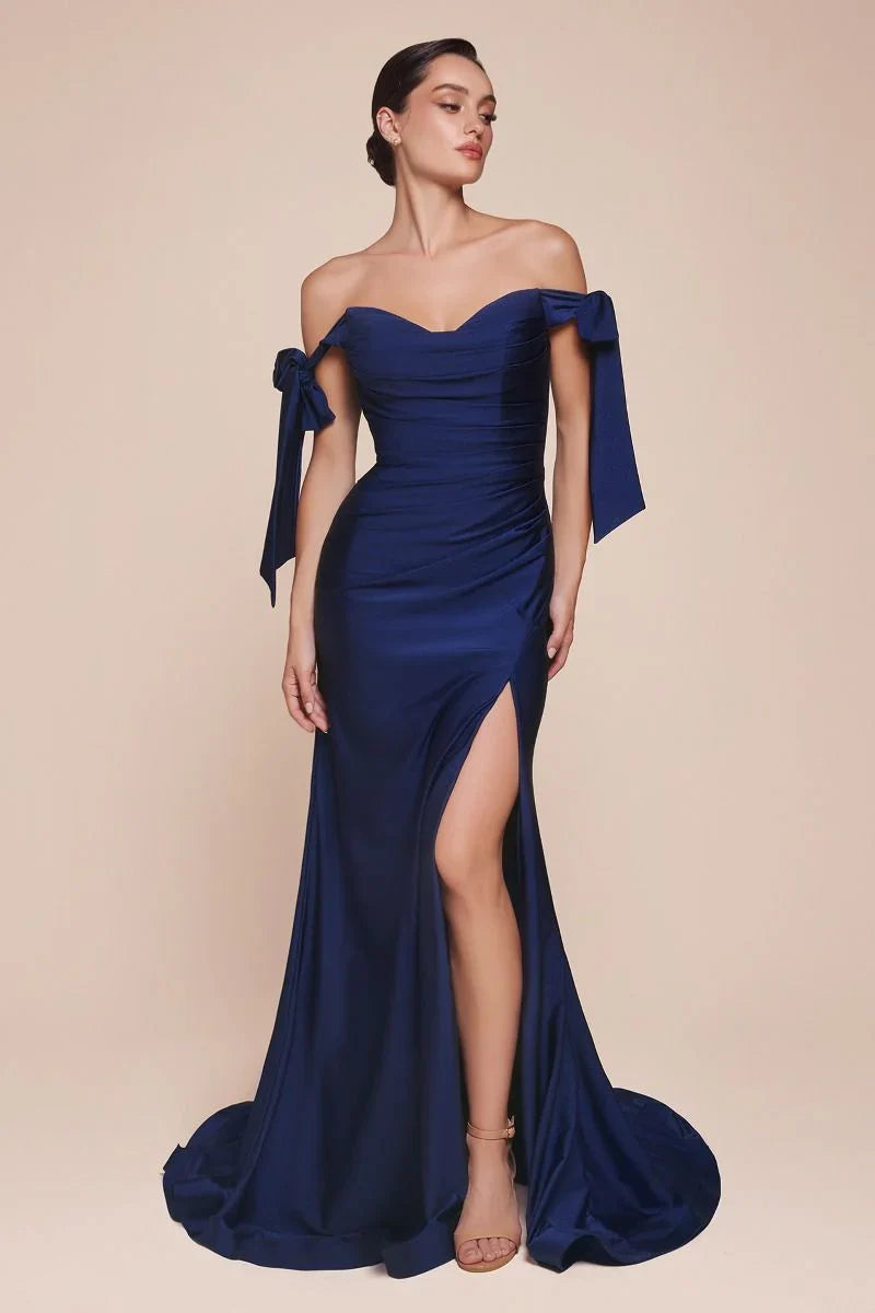 Amber Gown Off Shoulder Stretch Spandex Satin Dress With Ties