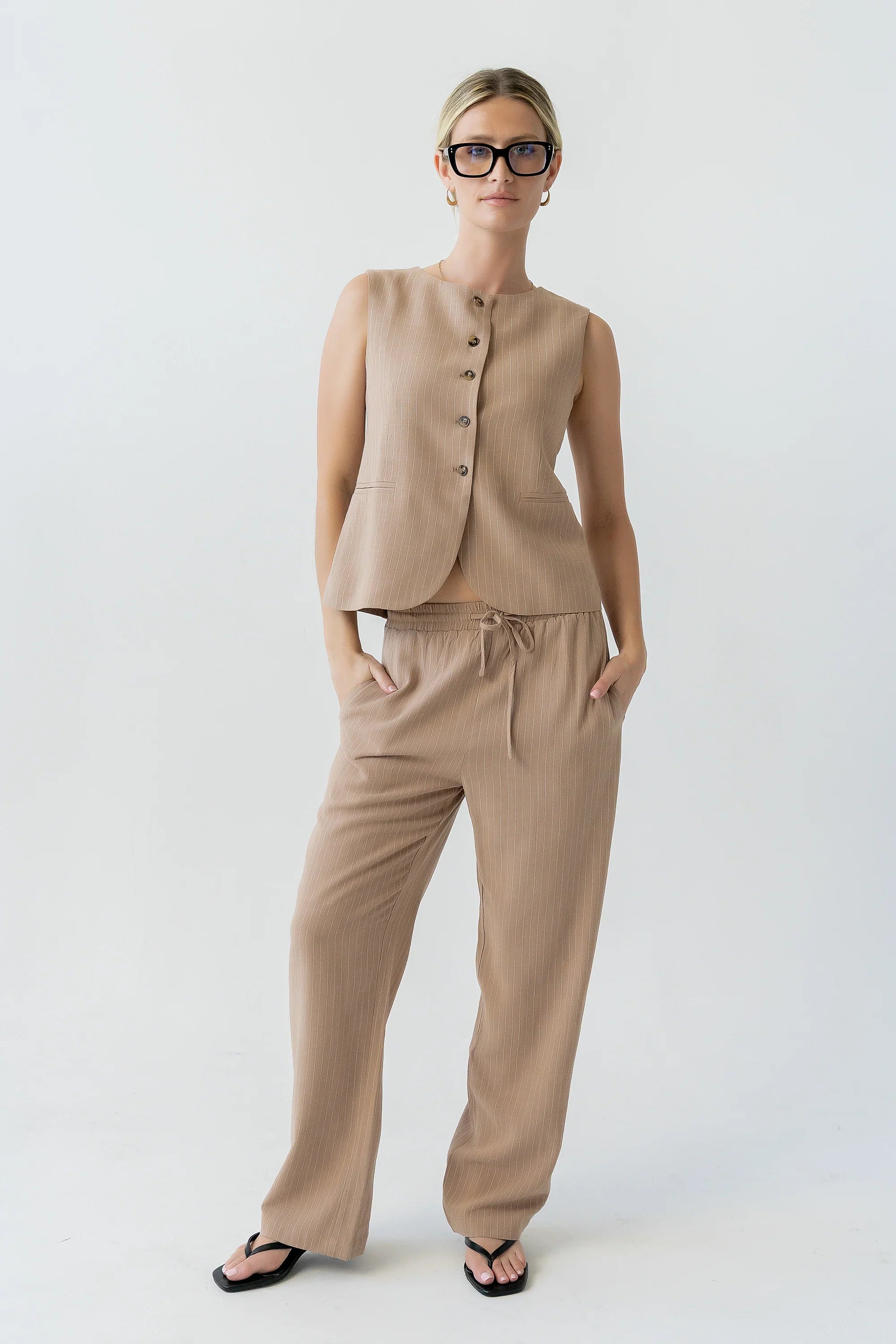 Vivienne Pinstripe Wide Leg Pants in Tan