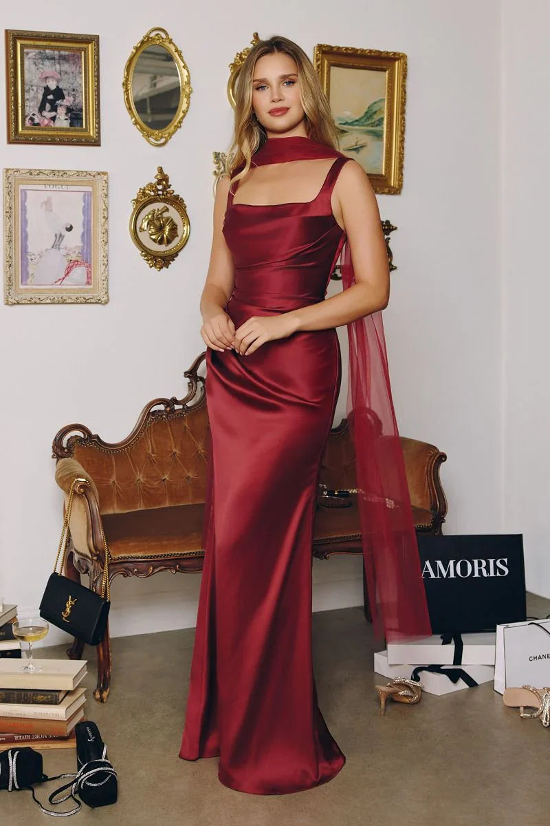 Toby Maxi Satin Dress with Lace Up Back Scarf