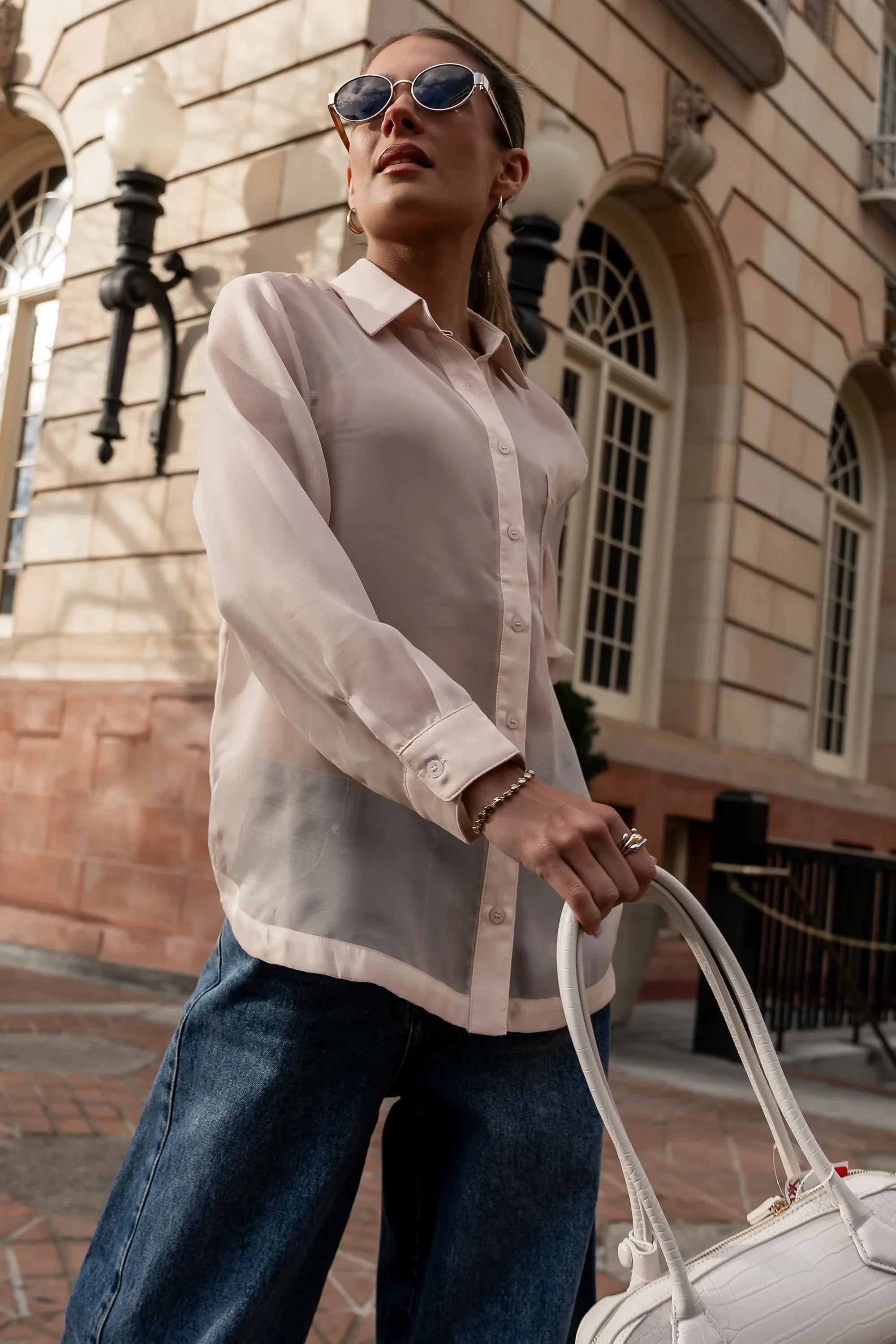 Liberty Sheer Button Up Blouse in Blush FINAL SALE