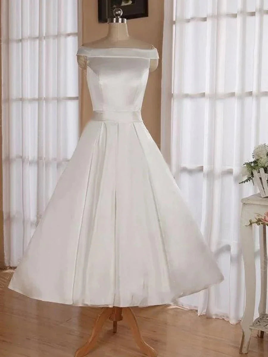 Sleeveless Tea Length Satin Wedding Dress With Sash And Off The Shoulder Neck
