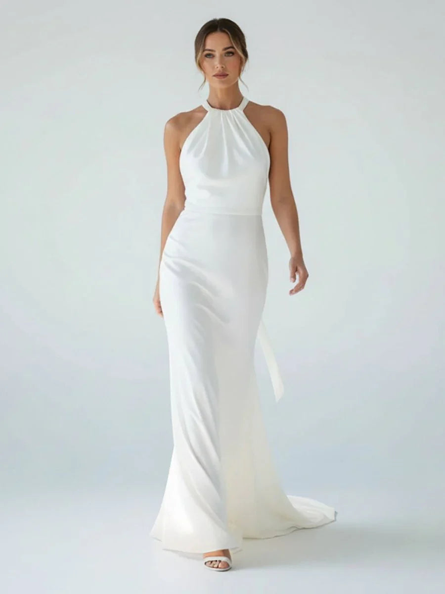 Sheath Satin Backless Halter Wedding Dress
