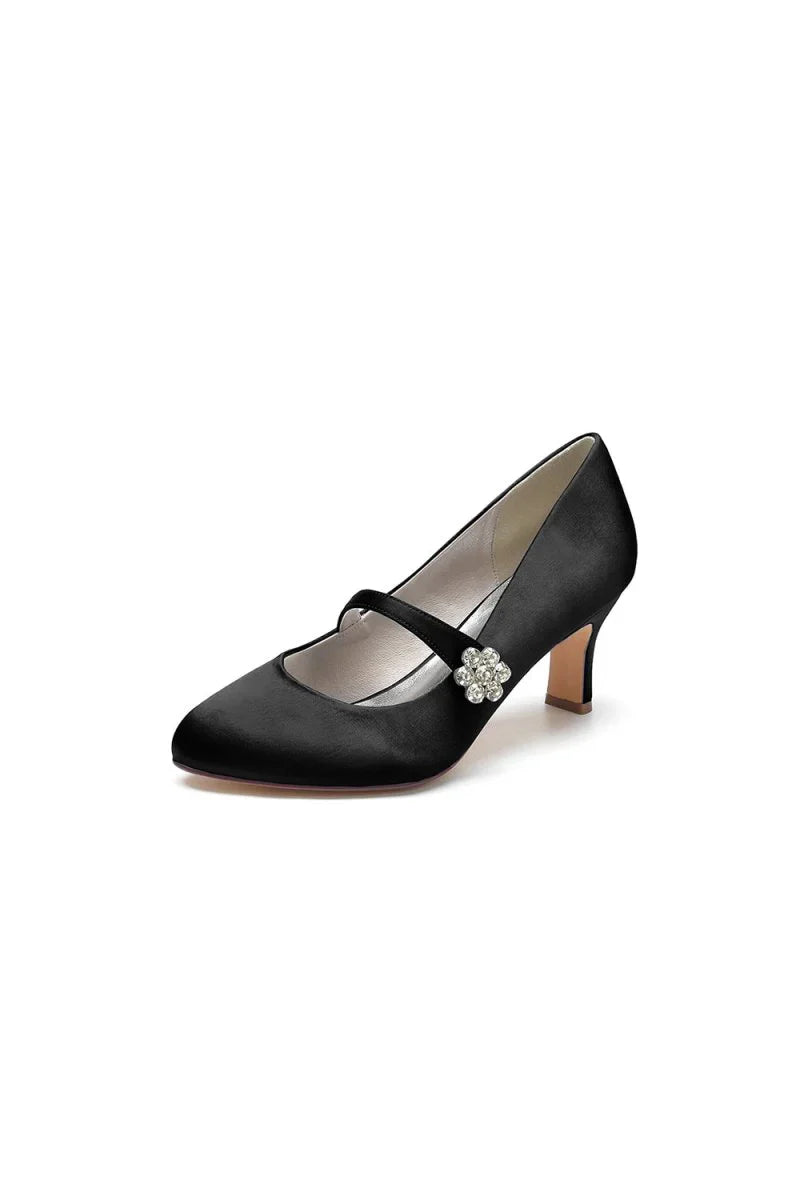 Round Toe Crystal Buckle Strap Chunky Heels