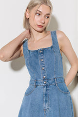 SOFTLY ROMANTIC SQUARE NECKLINE DENIM MIDI DRESS