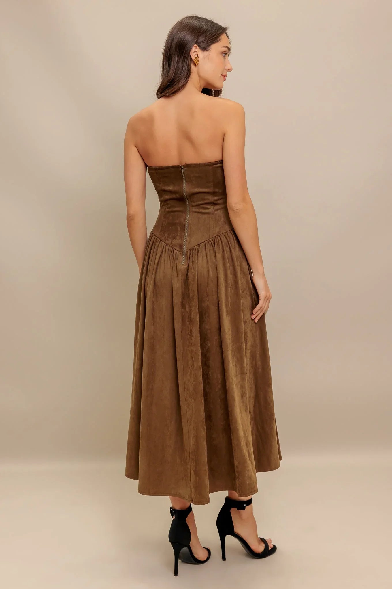 WILD ESPRESSO BROWN FAUX SUEDE MIDI DRESS
