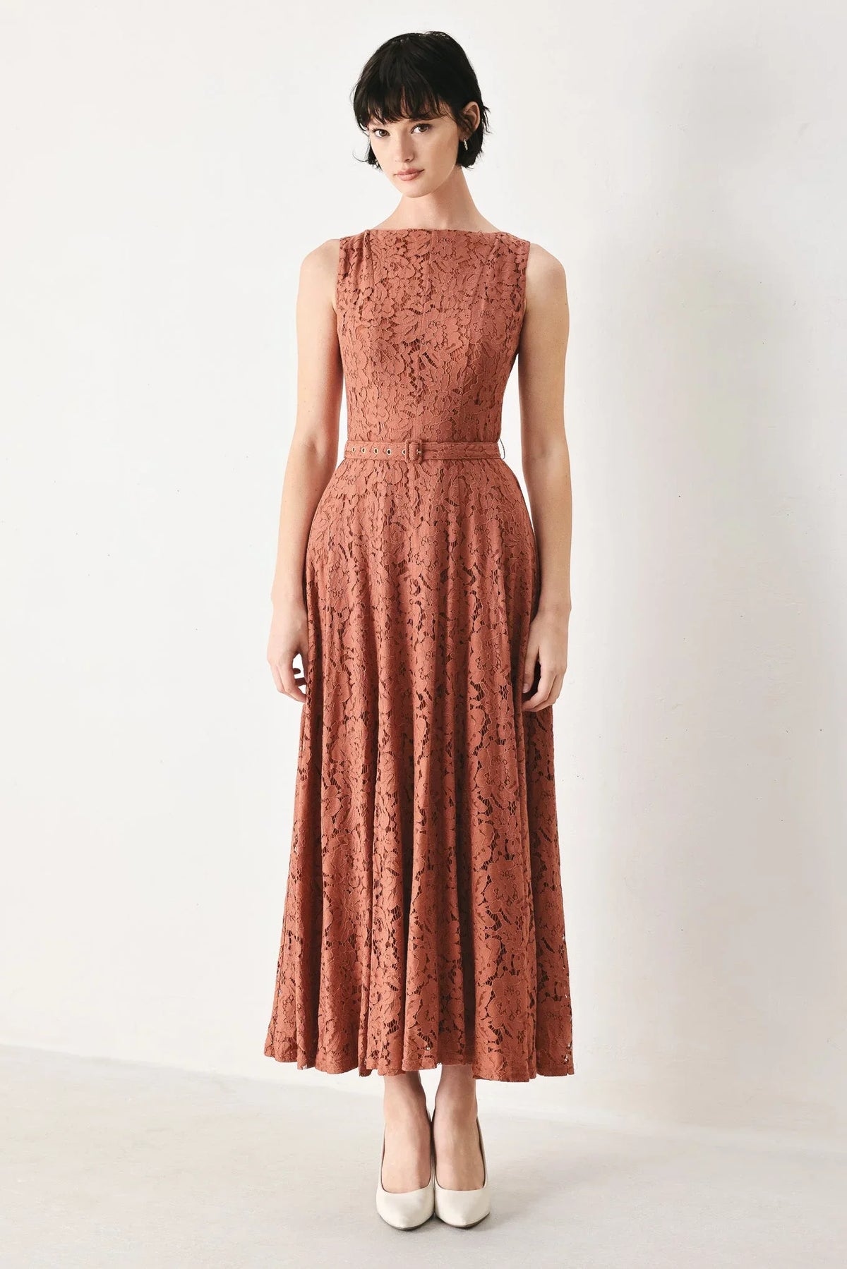 TRUE ROMANCE RUST LACE MIDI DRESS