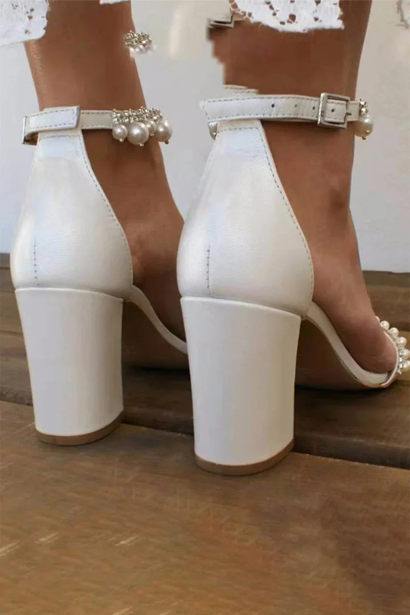 Open Toe Pearl Ankle Strap Block High Heels
