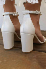 Open Toe Pearl Ankle Strap Block High Heels
