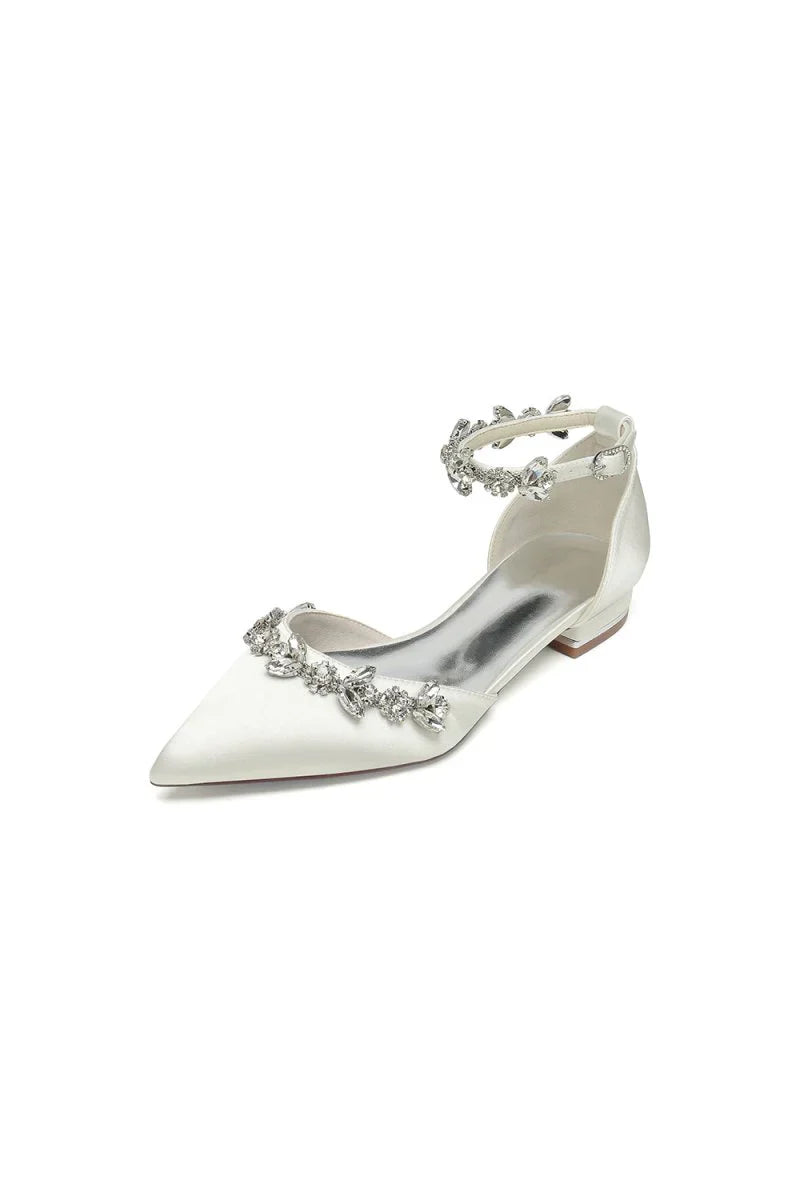 Pointed Toe Rhinestone Beaded Ankle Strap Kitten Heels