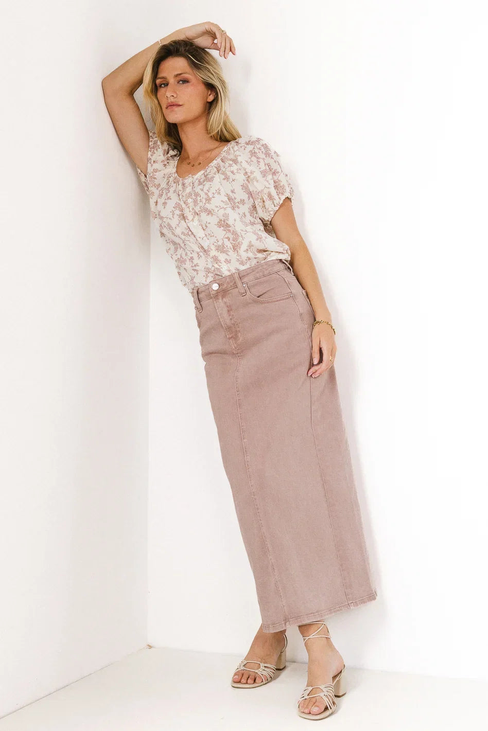 Harley denim midi skirt in mauve FINAL SALE