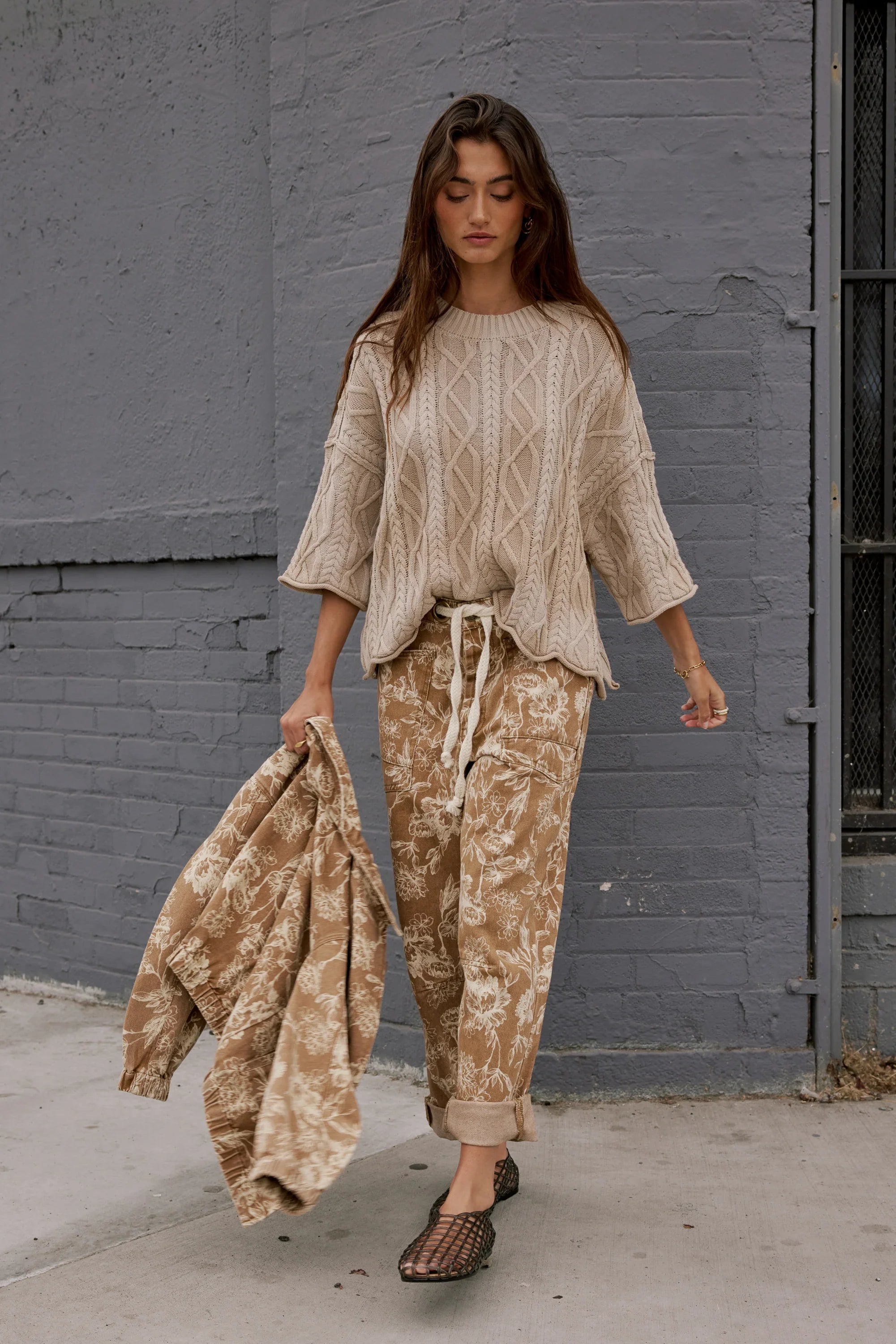 Kellie Floral Barrel Jeans in Camel FINAL SALE
