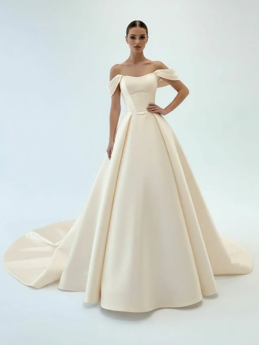 Elegant A Line Off the Shoulder White Satin Wedding Dresses