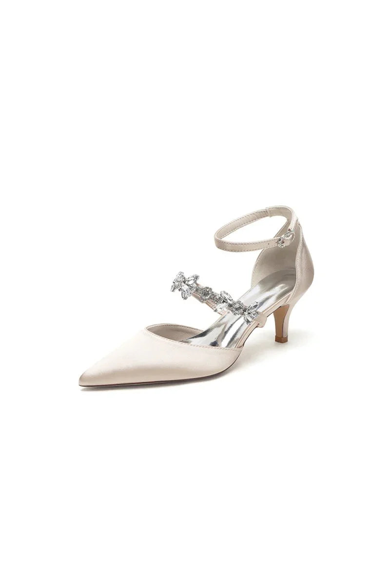 Crystal Strap Pointed Toe Satin Kitten Heels