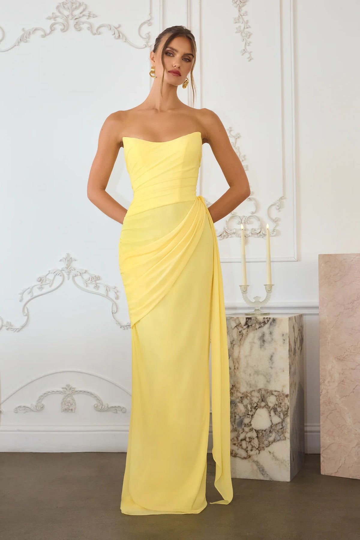 Skyler Gown Strapless Draped Chiffon Dress