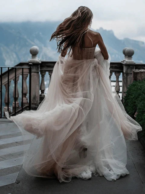 A Line Sweetheart Tulle Long Wedding Dresses