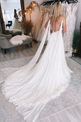 Ivory A Line Watteau Train Boho Long Chiffon Wedding Dress with Lace