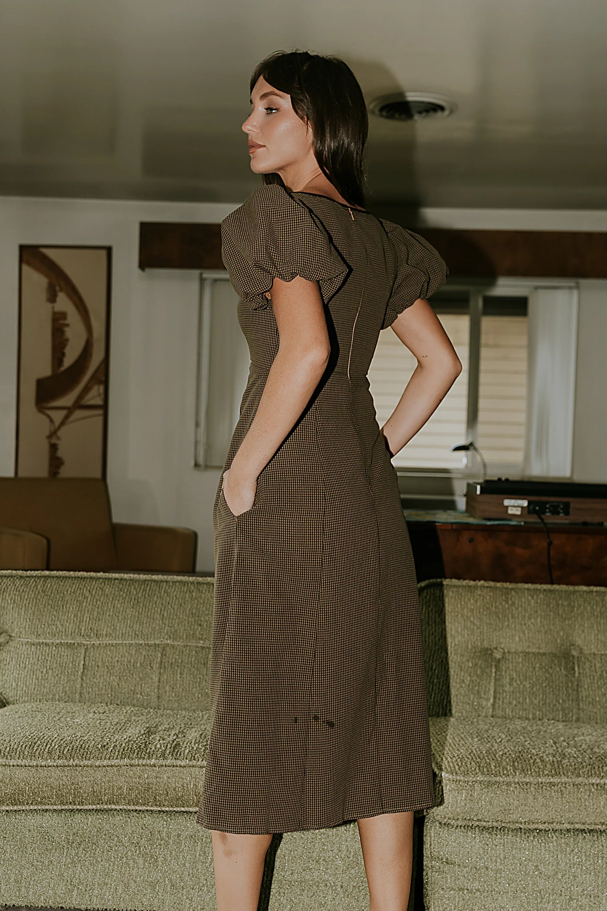 Elle Gingham Midi Dress in Brown FINAL SALE