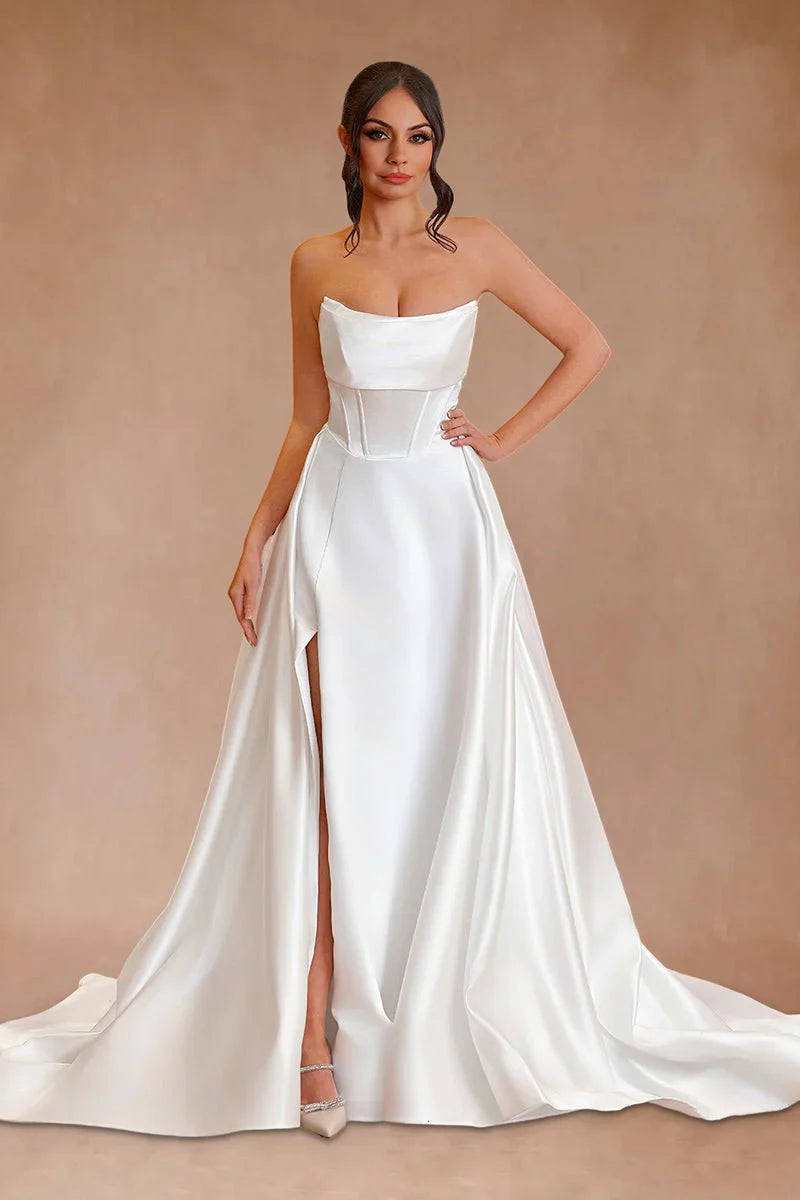 White Strapless Satin A Line Wedding Dresses