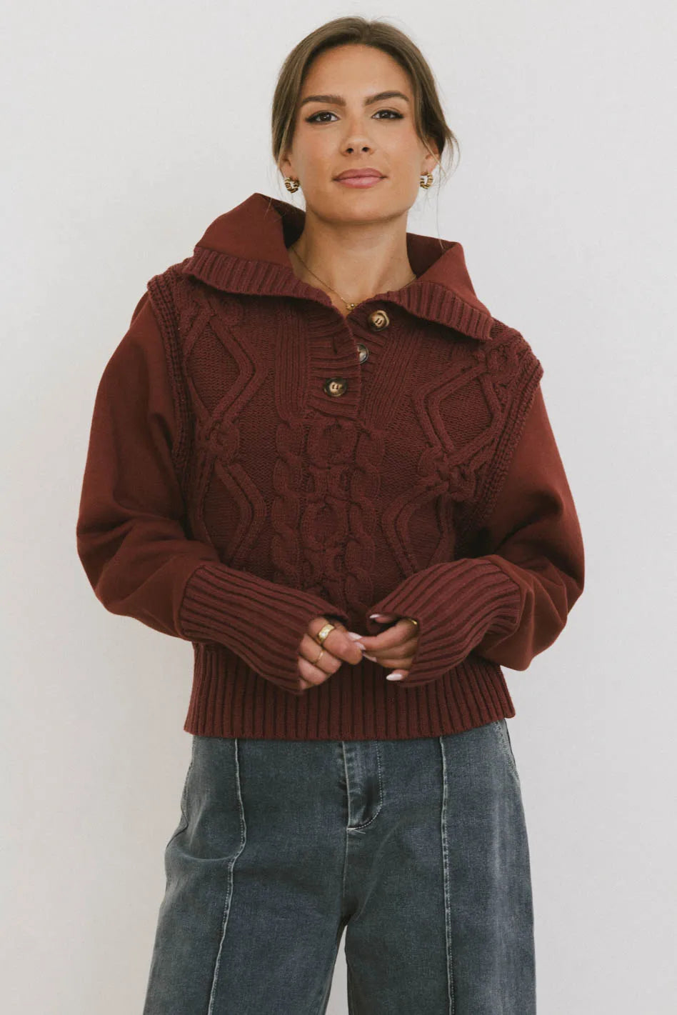 Irene Cable Knit Sweater in Burgundy FINAL SALE
