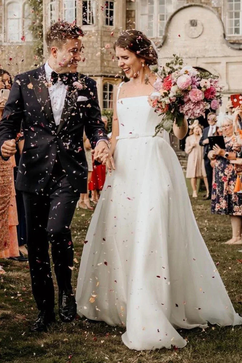 Chaming A Line Square Neck White Wedding Dresses