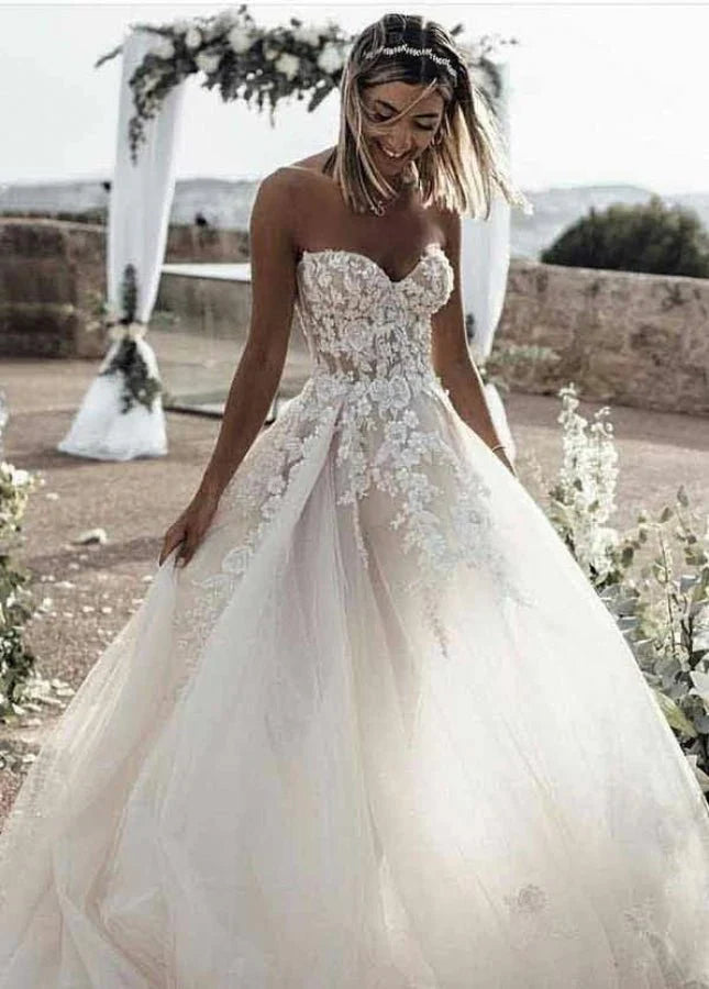 A line Tulle Skirt Floral Lace Sweetheart Wedding Dresses Backless