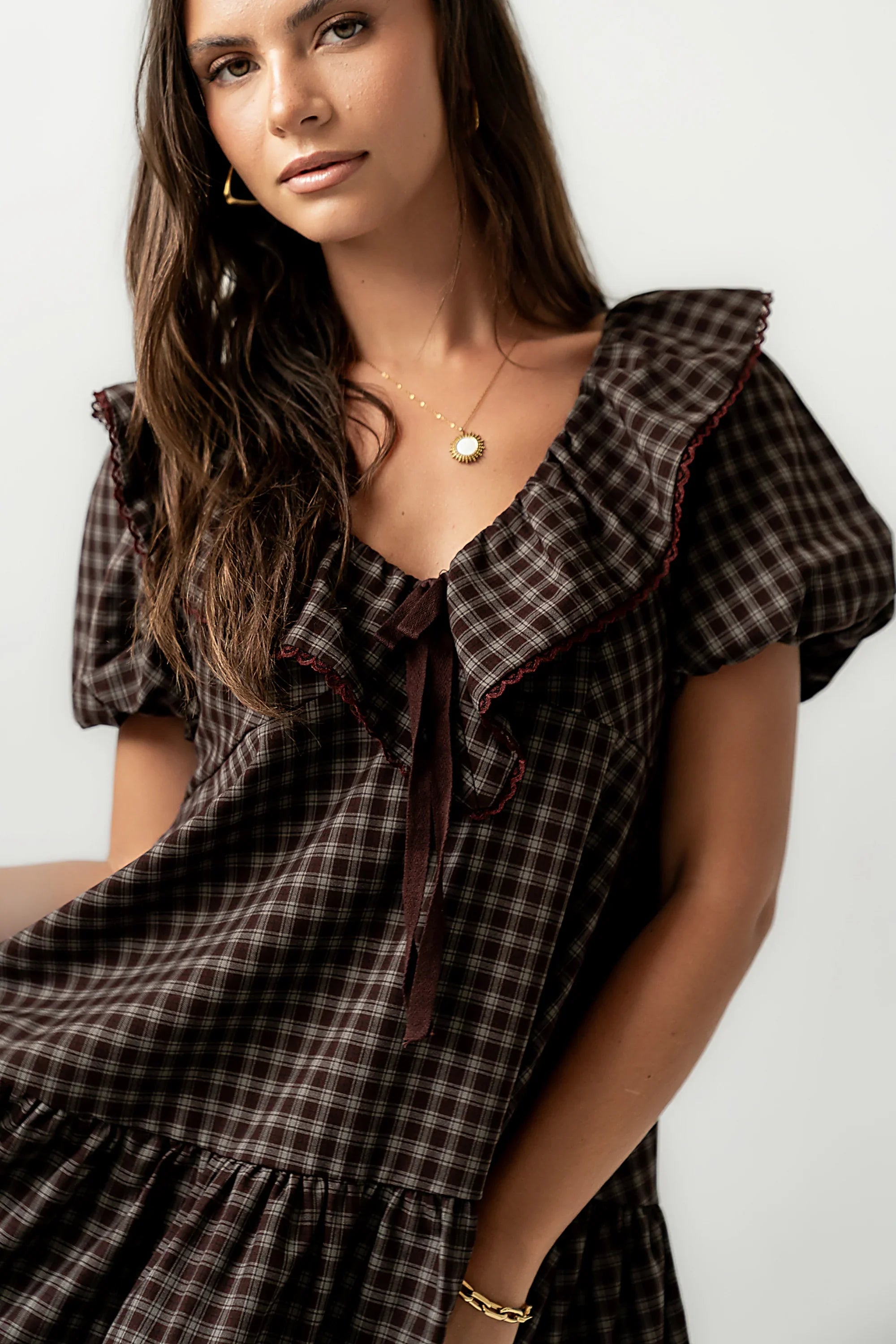 Tony Gingham Baby Doll Dress in Brown FINAL SALE