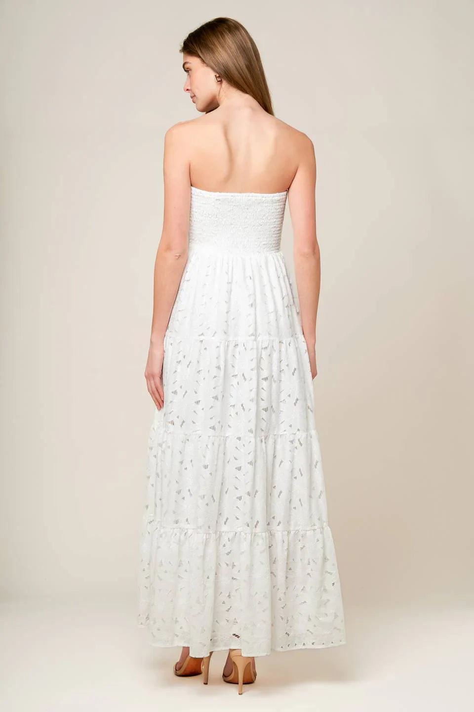 WISHING WELL STRAPLESS WHITE LACE MAXI DRESS