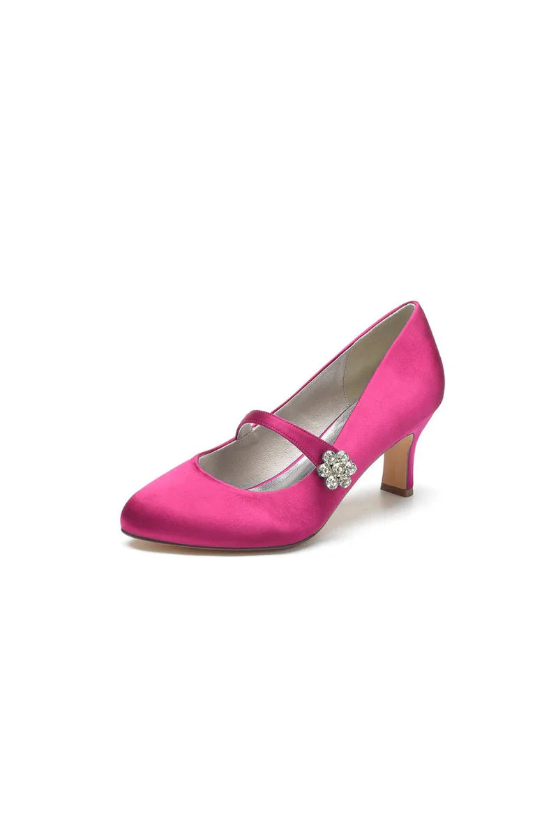 Round Toe Crystal Buckle Strap Chunky Heels