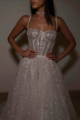 Spaghetti Straps Sparkly Bohemian Wedding Dress